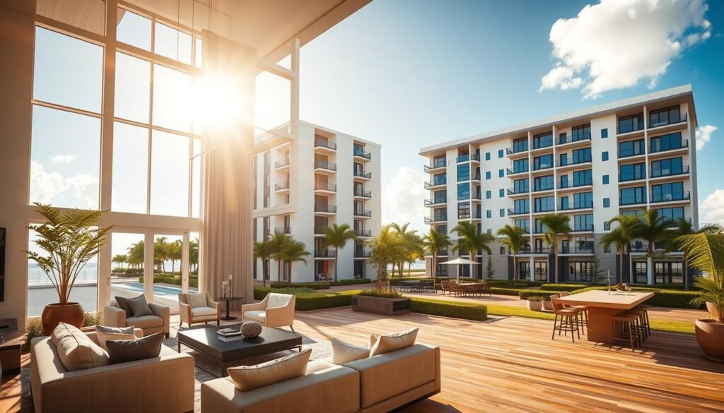 A modern, luxurious apartment complex in a vibrant, coastal Florida city. The foreground features a stylish, well-appointed living room with high ceilings, large windows, and contemporary furnishings. The middle ground showcases an expansive, open-concept kitchen and dining area, bathed in warm, natural lighting. In the background, the building's exterior reflects the sun's rays, showcasing its sleek, glass-and-steel architecture and lush, manicured landscaping. An atmosphere of comfort, sophistication, and the Florida lifestyle permeates the scene, capturing the appeal for foreign investors seeking prime real estate opportunities.