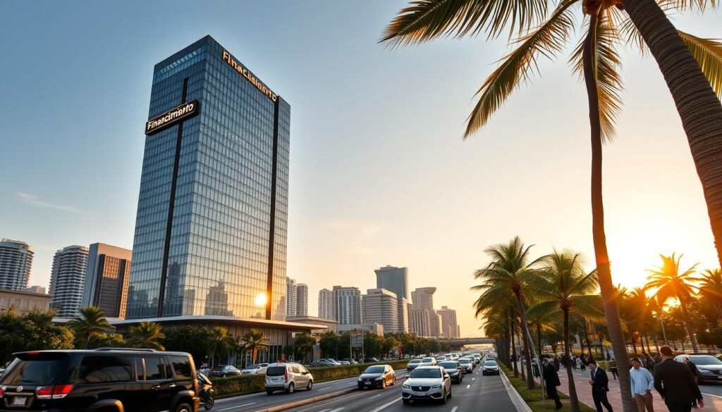 A modern, sleek financial district skyline bathed in warm, golden afternoon light. In the foreground, a prominent glass and steel high-rise with a prominent sign reading "Financiamiento" illuminated against the cityscape. The middle ground features a bustling street with luxury vehicles and well-dressed pedestrians, reflecting the affluence and opportunity of this investment-friendly hub. The background showcases lush palm trees swaying gently, the iconic Floridian landscape framing this scene of prosperous global finance.