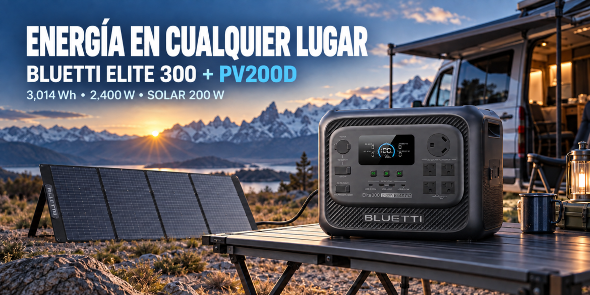 BLUETTI Elite 300 y panel solar PV200D en un campamento de montaña