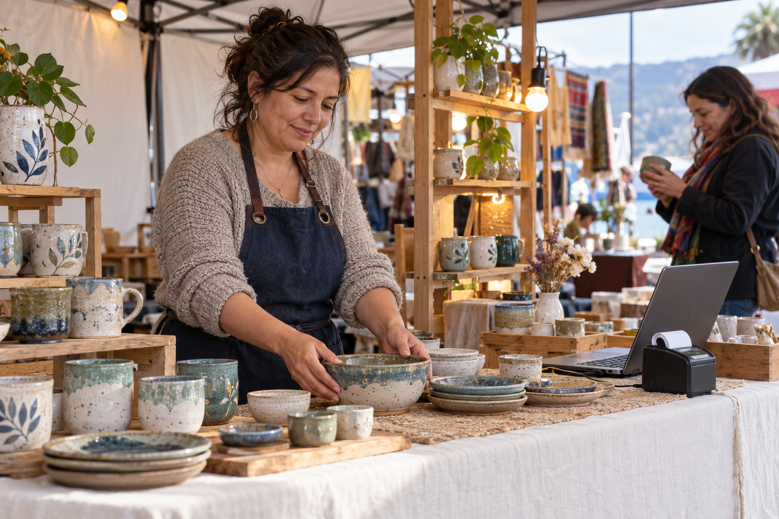 Emprendedora ficticia organiza cerámica y equipos en una feria ilustrada con IA